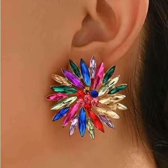 Multicolor Simulated Gemstone Flower Earrings - Picture 2 of 2
